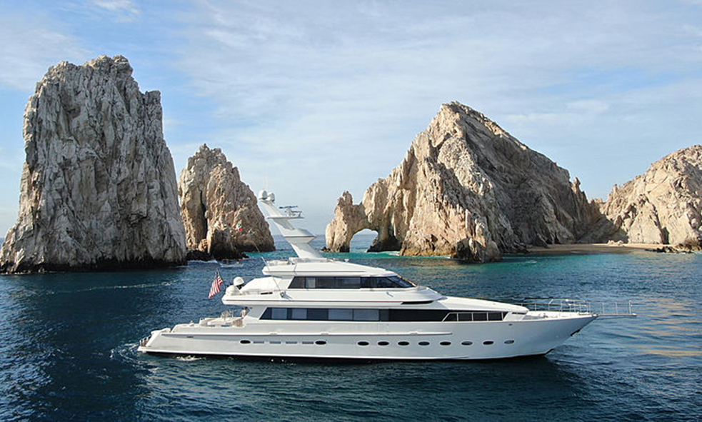34m/112’ STEADFAST yacht with rugged backdrop