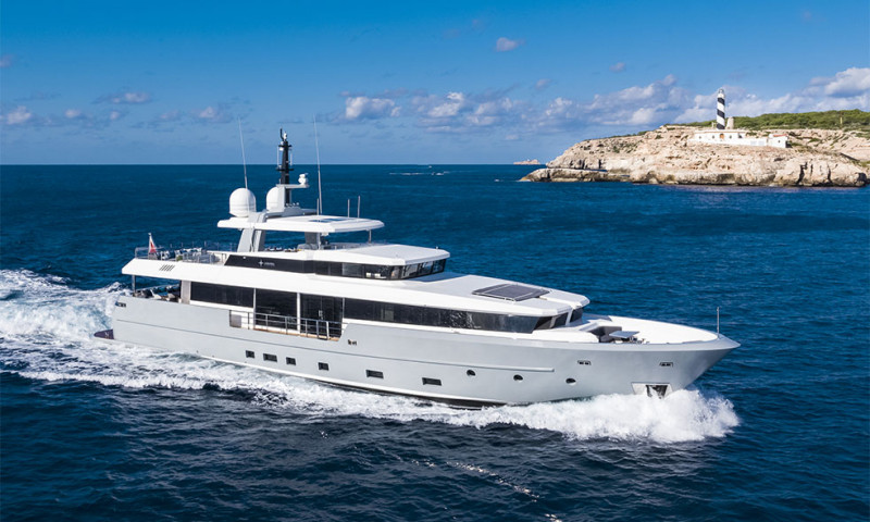 CINQUANTA/50 superyacht on beautiful sunny day with blue sky